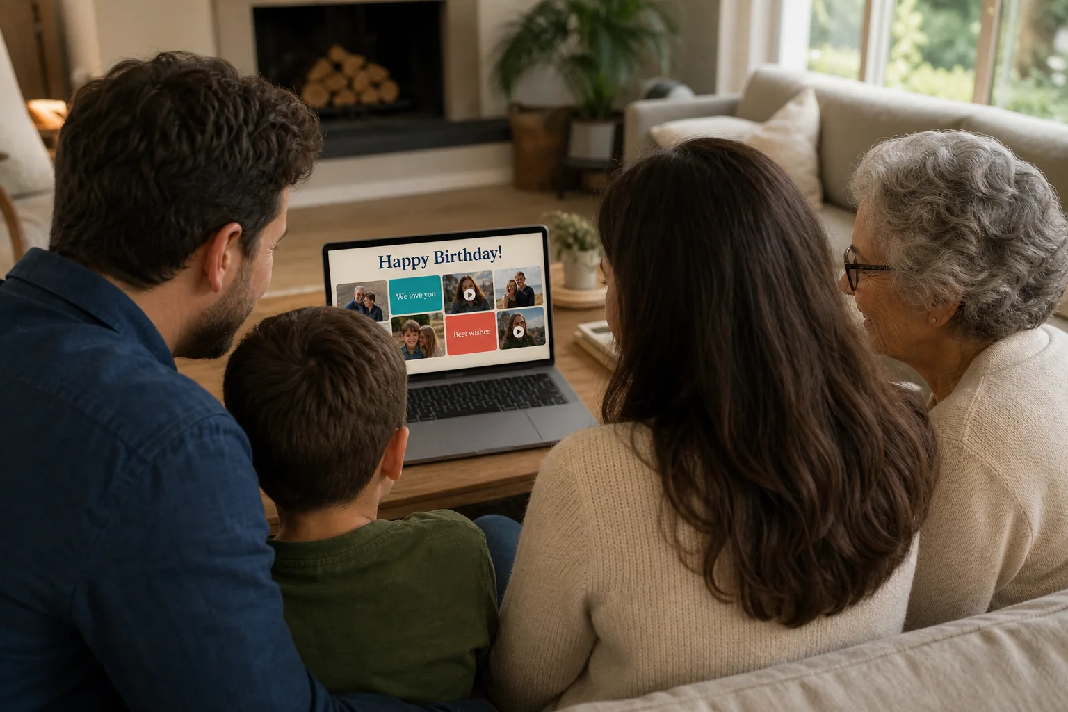 A family enjoying a digital birthday wish board on a laptop