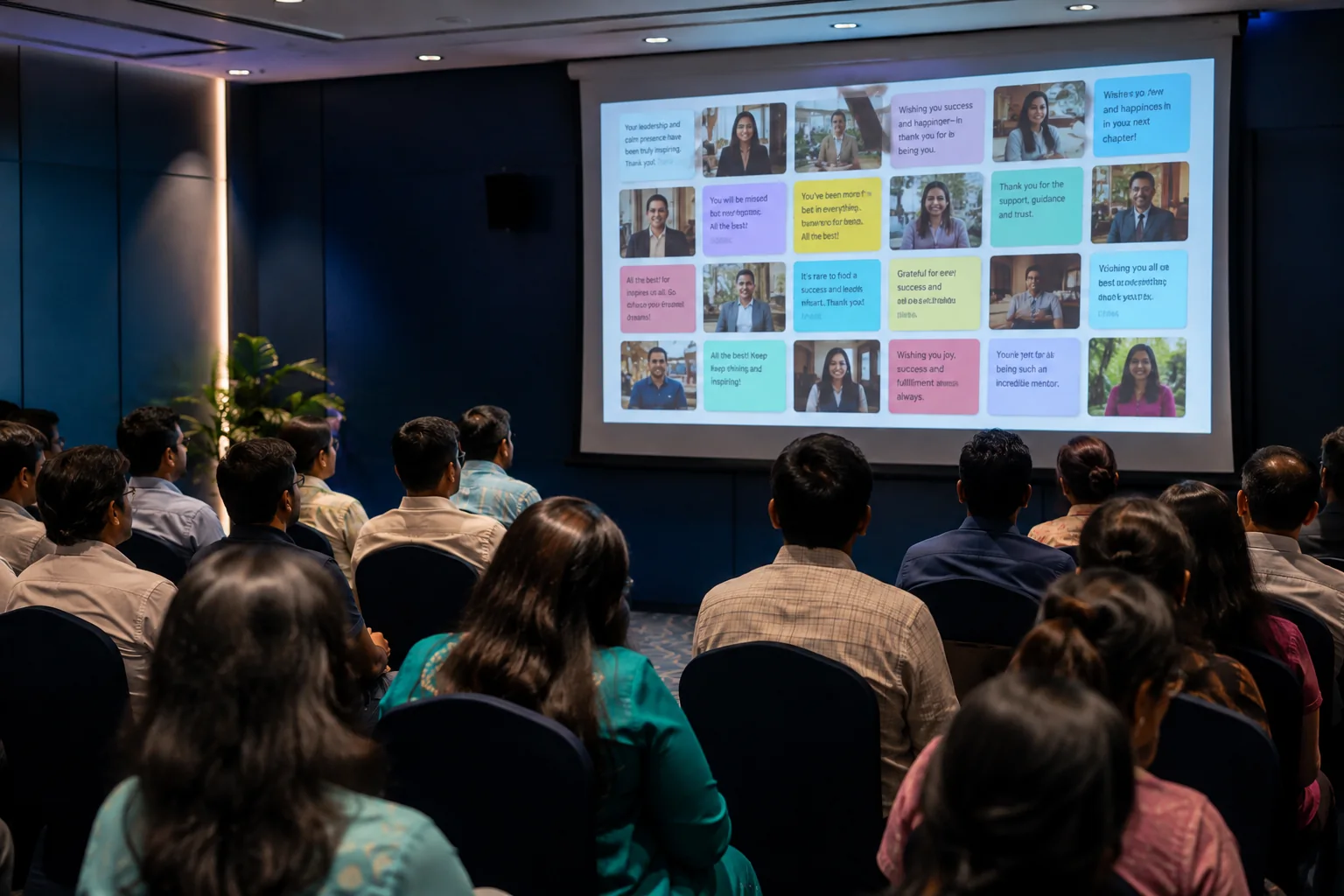 An employee recognition gathering viewing a digital wish board projected on a large screen